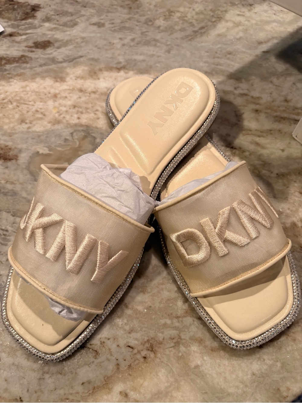 Dkny Cream Embroidered Logo Slide Sandals with Rhinestone Trim